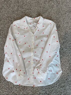 LOFT White Eyelet Shirt with Red Heart Print